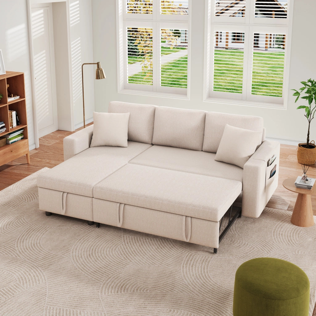 Divano letto angolare reversibile con contenitore, tasche laterali e 2 cuscini, in lino Beige