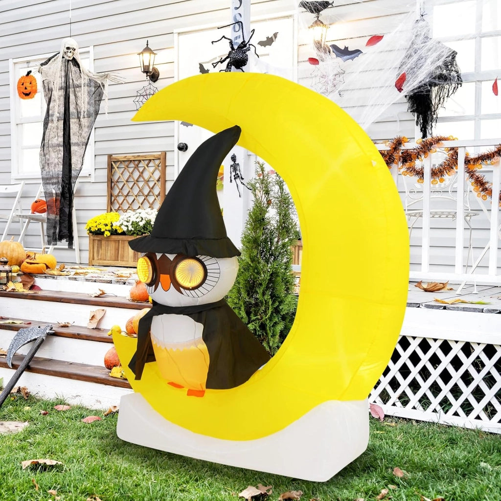 Decorazione Gonfiabile per Halloween 130 x 155 CM, Decorazione di Halloween Illuminata con LED e Grande Luna e Gufo Mago e Soffiatore Incorporato, per Cortile, Prato e Feste