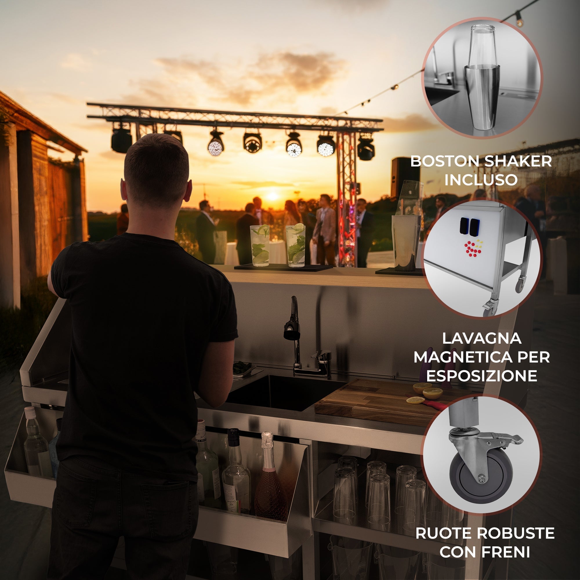 Postazione Mobile da Cocktail – Bancone, Acciaio Inox, Pozzo Ghiaccio Isolato