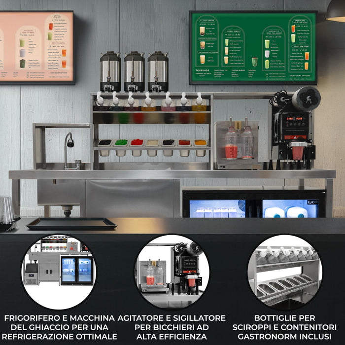 Postazione Bubble Tea con Frigo Scorrevole, Fabbricatore Ghiaccio, Shaker Elettrico e Sigillatrice Bicchieri