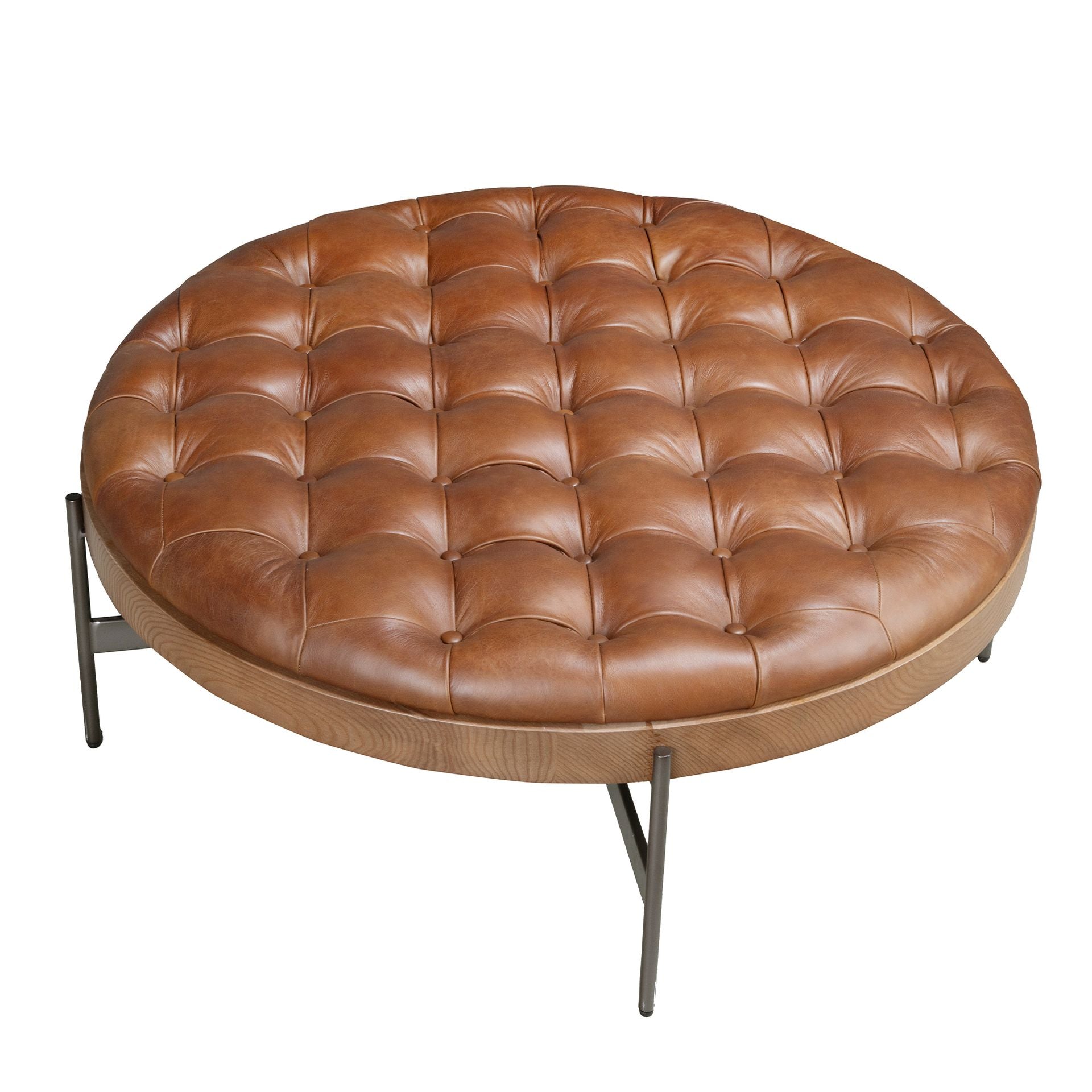 Tavolino da caffè rotondo in pelle marrone scuro, noce e acciaio scuro