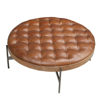 Tavolino da caffè rotondo in pelle marrone scuro, noce e acciaio scuro