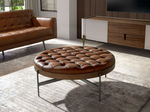 Tavolino da caffè rotondo in pelle marrone scuro, noce e acciaio scuro