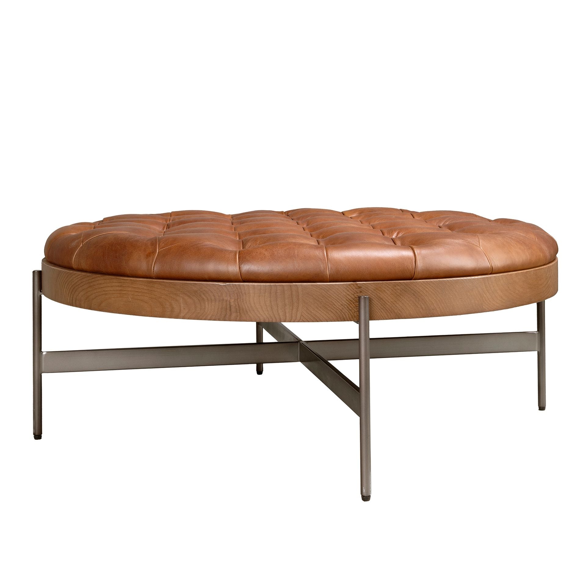 Tavolino da caffè rotondo in pelle marrone scuro, noce e acciaio scuro