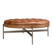 Tavolino da caffè rotondo in pelle marrone scuro, noce e acciaio scuro