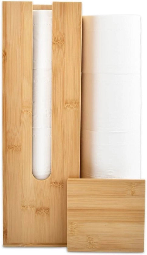Sostegno per carta igienica in legno per 4 rulli con coperchio in bambù per water closet