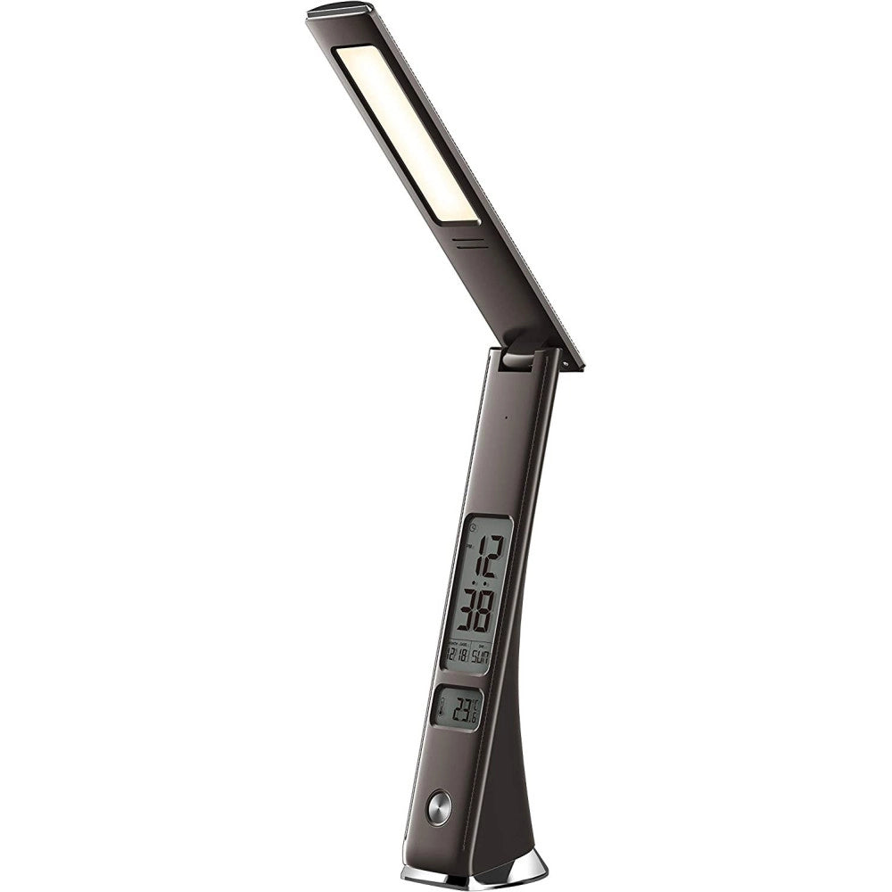 Trade Shop - Lampada Scrivania Luce Led 3 Intensita 5w Nero Ecopelle Orologio Display Lcd -