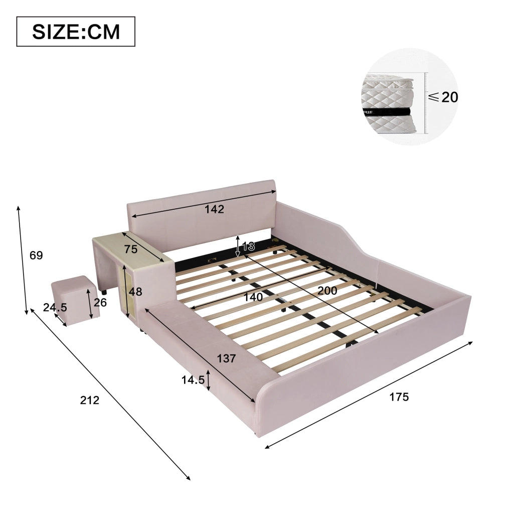 Letto imbottito 140x200 cm con scrivania; sgabello e ripiano in velluto rosa