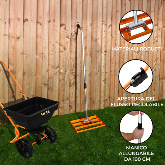 Spargitore Rotante Fertilizzante & Livella Prato 50cm Rastrello Arancione Manico Estensibile