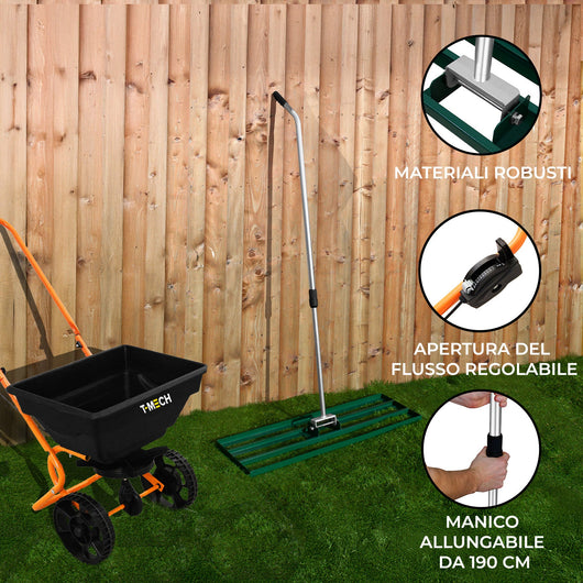 Spargitore Rotante Fertilizzante & Livella Prato 100cm Rastrello Verde Manico Estensibile