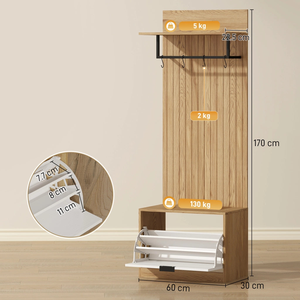 Mobile da Ingresso 60x30x170 cm con Panca Scarpiera e Appendiabiti con 4 Ganci in MDF e Metallo Rovere e Bianco