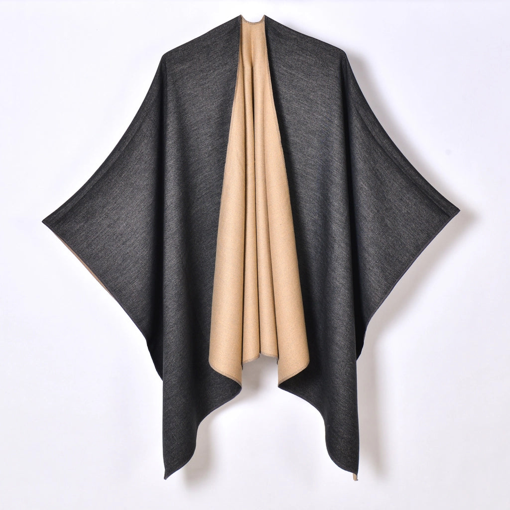 Mantella/scialle da donna in cashmere monocromatico con spacco frontale, reversibile e caldo.