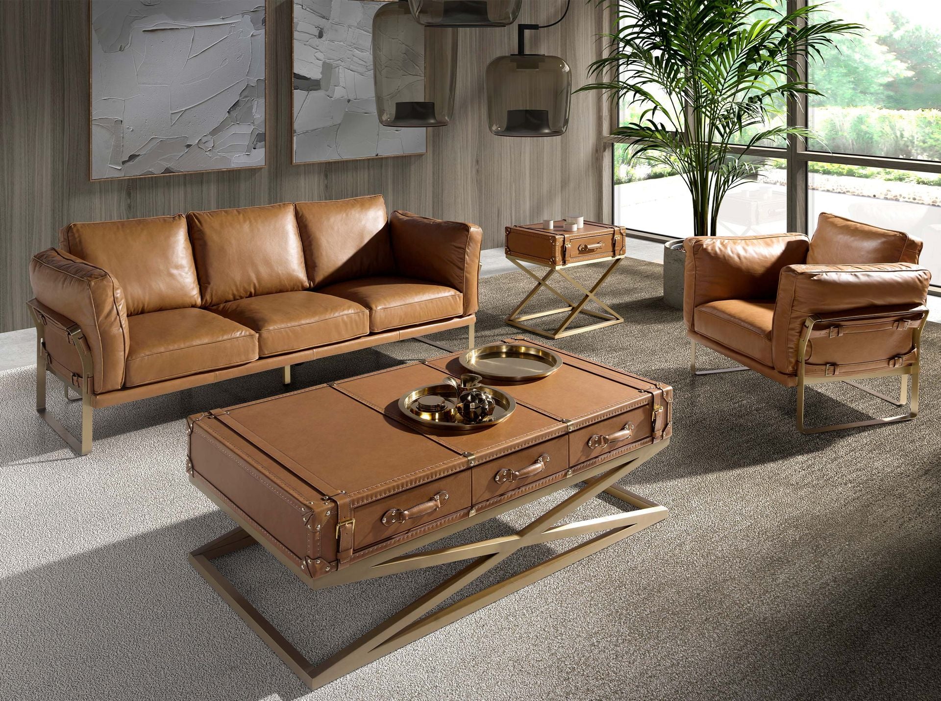 Tavolino rettangolare in pelle e acciaio dorato