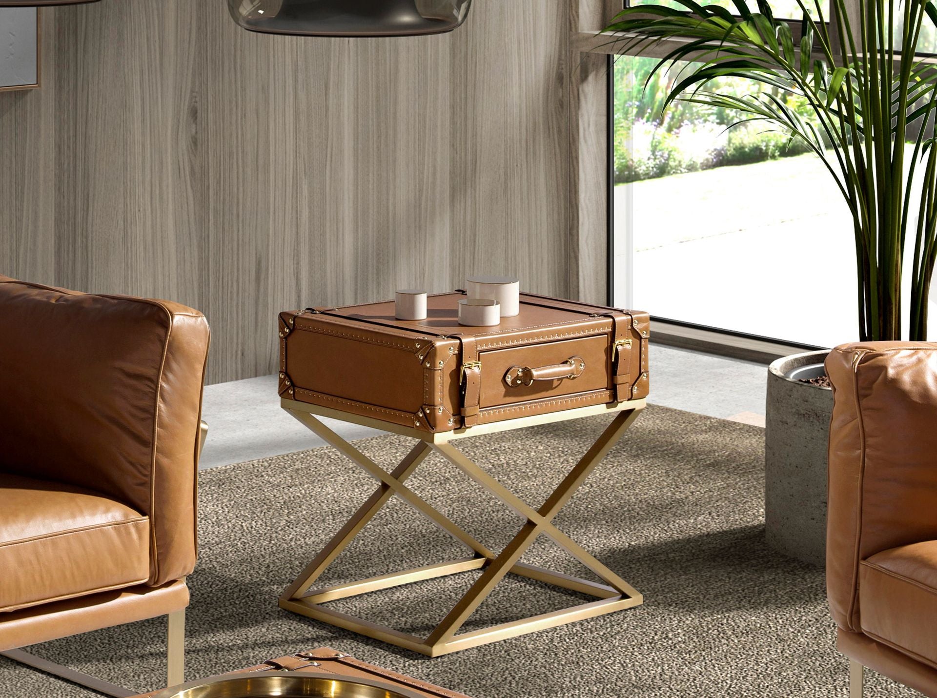 Tavolino rettangolare in pelle e acciaio dorato