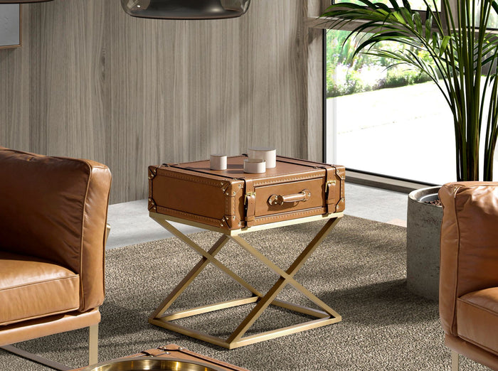 Tavolino rettangolare in pelle e acciaio dorato