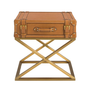 Tavolino rettangolare in pelle e acciaio dorato