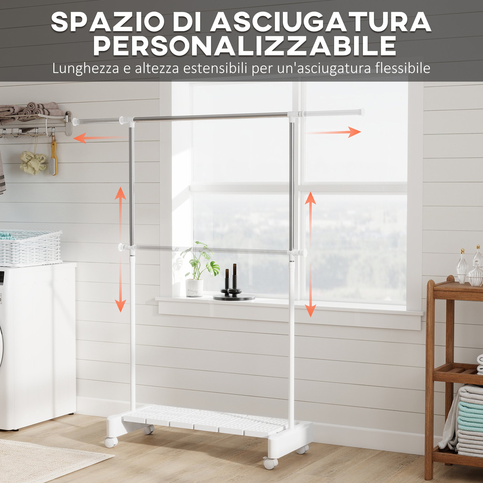 Stendibiancheria Estensibile con Ruote Acciaio Inox e Ripiano Porta Scarpe Bianco