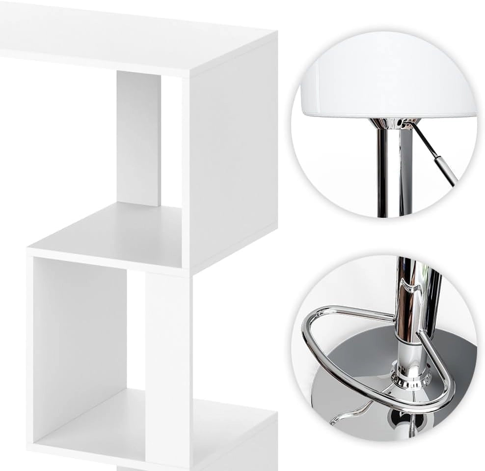 Set di tavoli da bar Vincent, Bianco, 113 x 39.8 cm con 2 sgabelli da bar, per l'utilizzo come tavolo alto con ripiani laterali