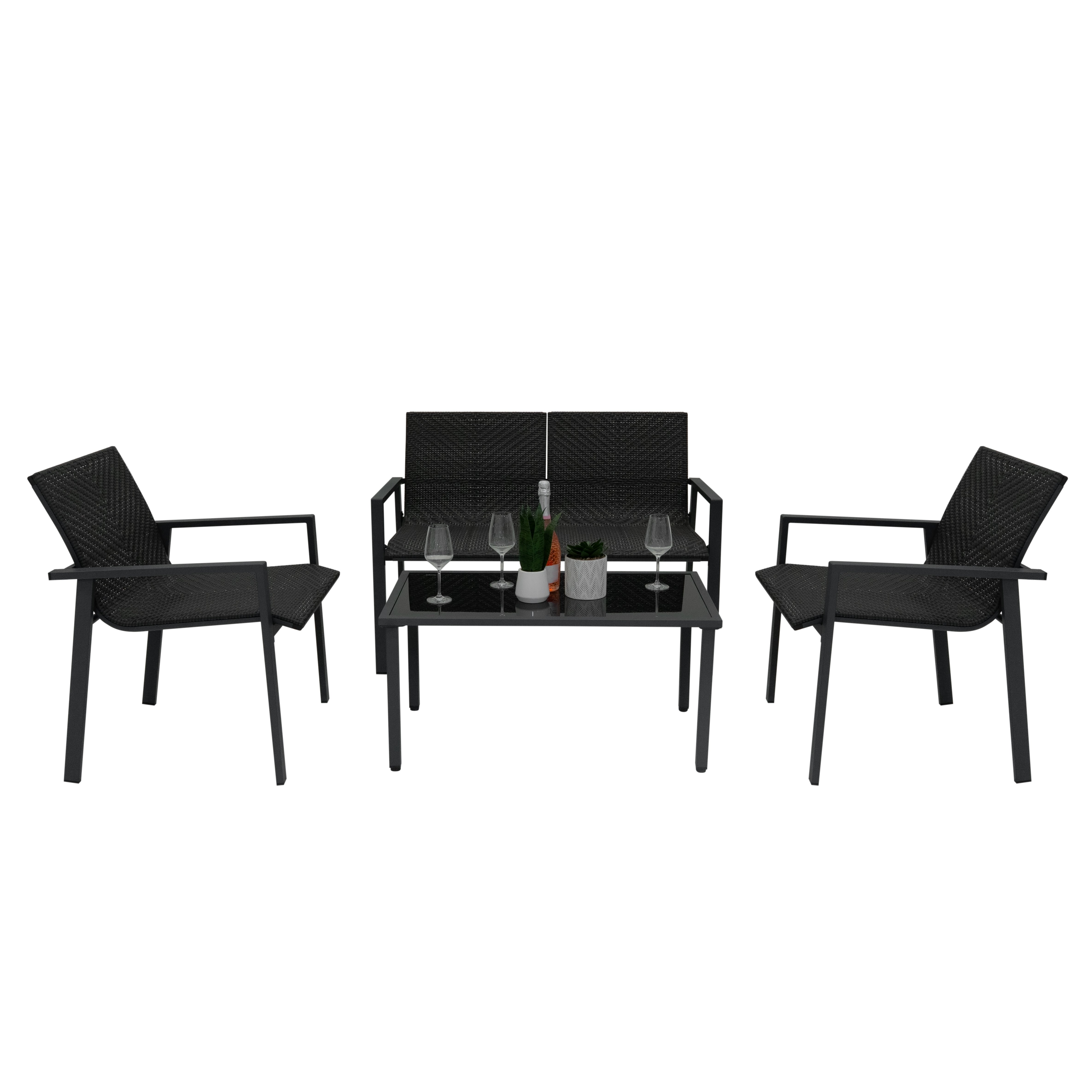 Set Giardino Rattan Nero 4 Pezzi con Divano, Poltrone, Tavolino & Copertura