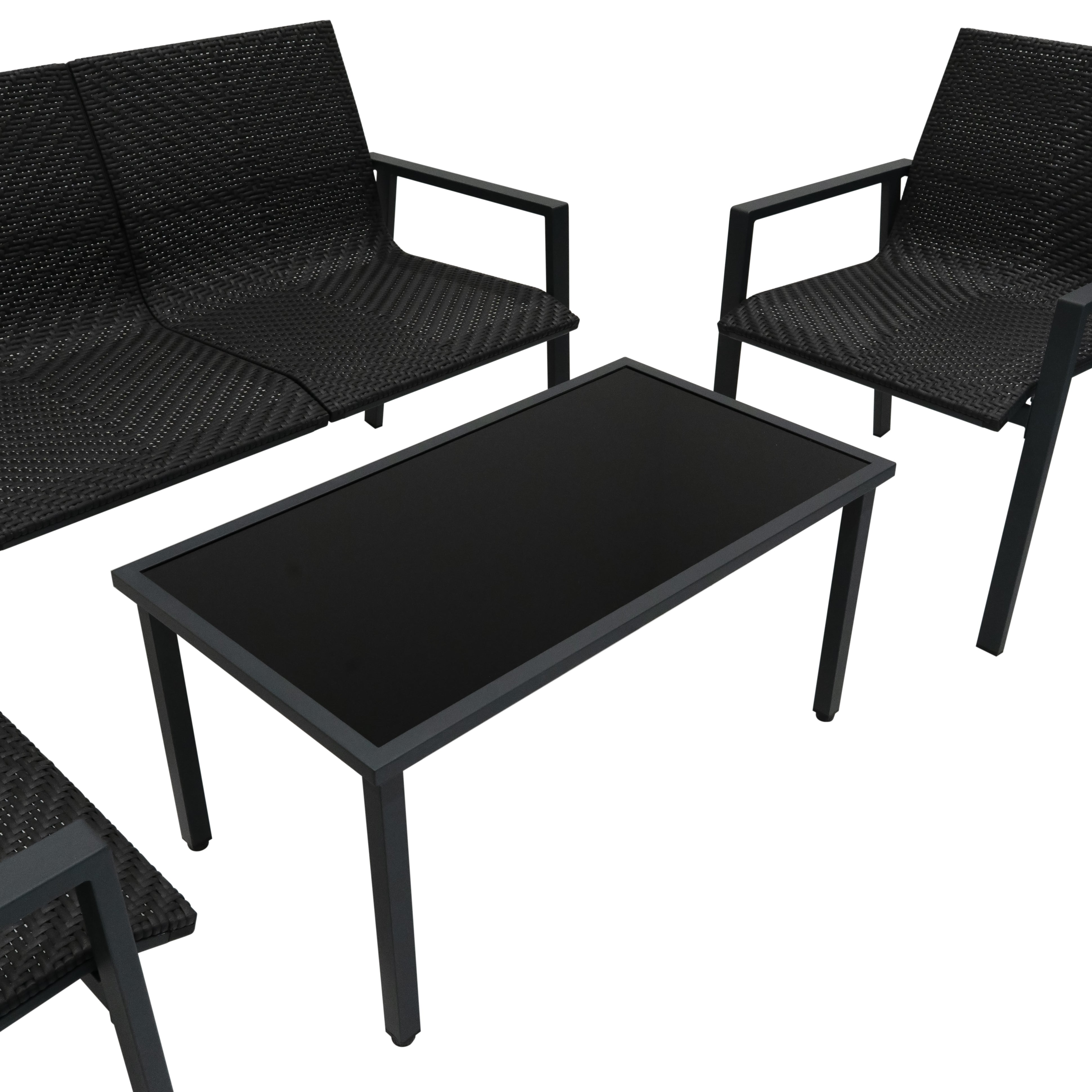 Set Giardino Rattan Nero 4 Pezzi con Divano, Poltrone, Tavolino & Copertura