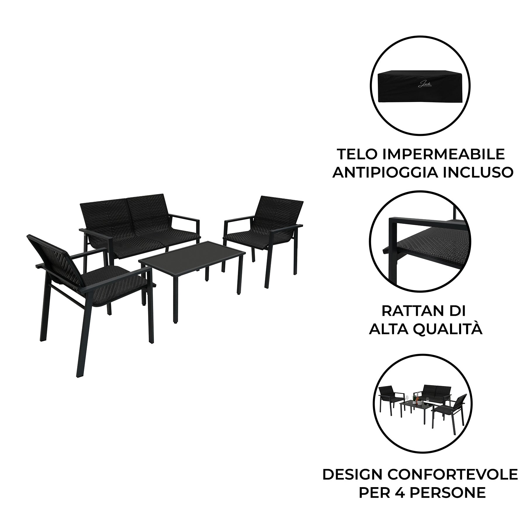 Set Giardino Rattan Nero 4 Pezzi con Divano, Poltrone, Tavolino & Copertura