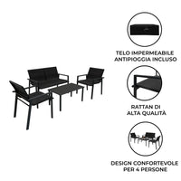 Set Giardino Rattan Nero 4 Pezzi con Divano, Poltrone, Tavolino & Copertura