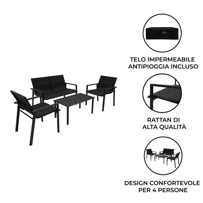 Set Giardino Rattan Nero 4 Pezzi con Divano, Poltrone, Tavolino & Copertura