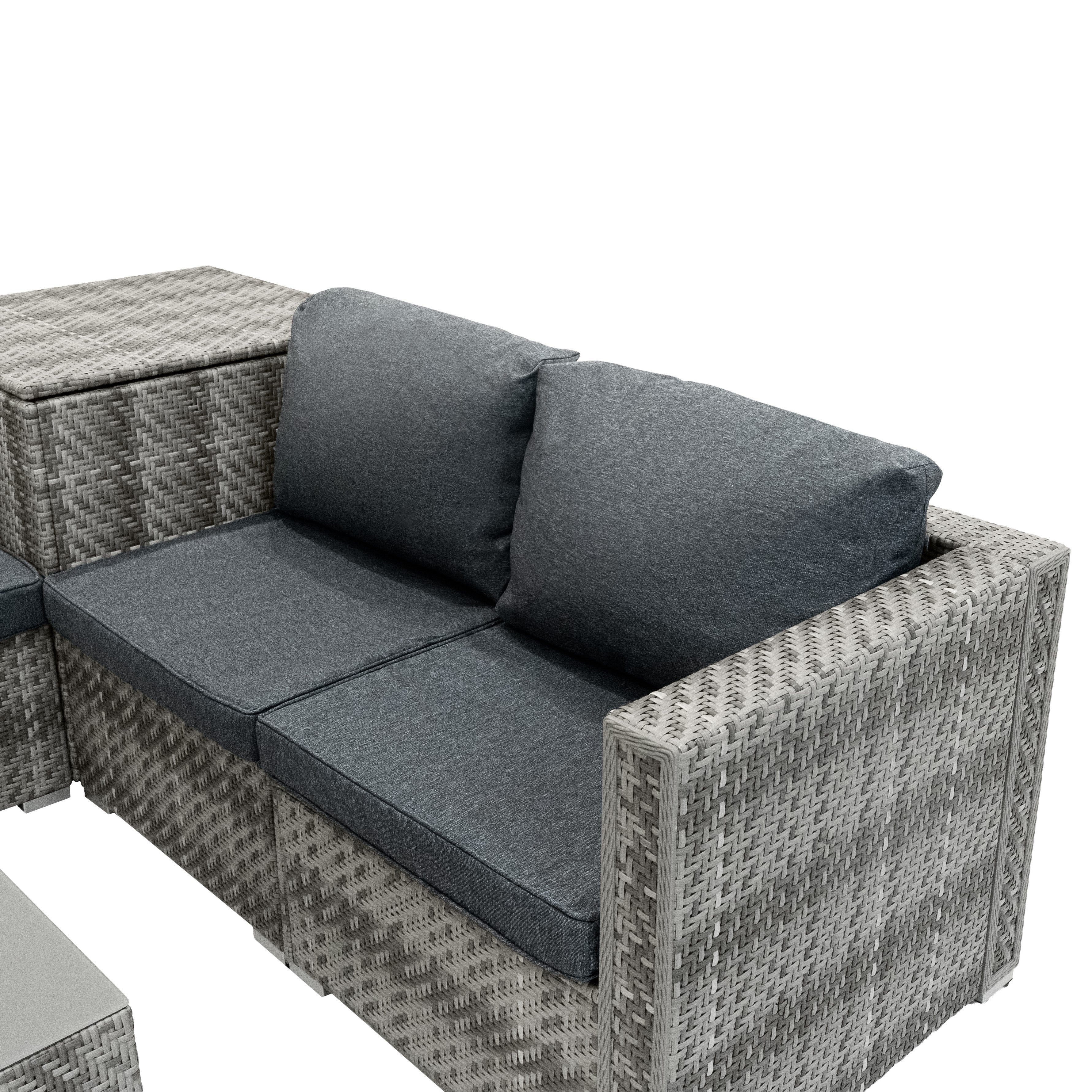 Set Divani Rattan Grigio 6 Pezzi con Cuscini, Tavolino e Baule 250L