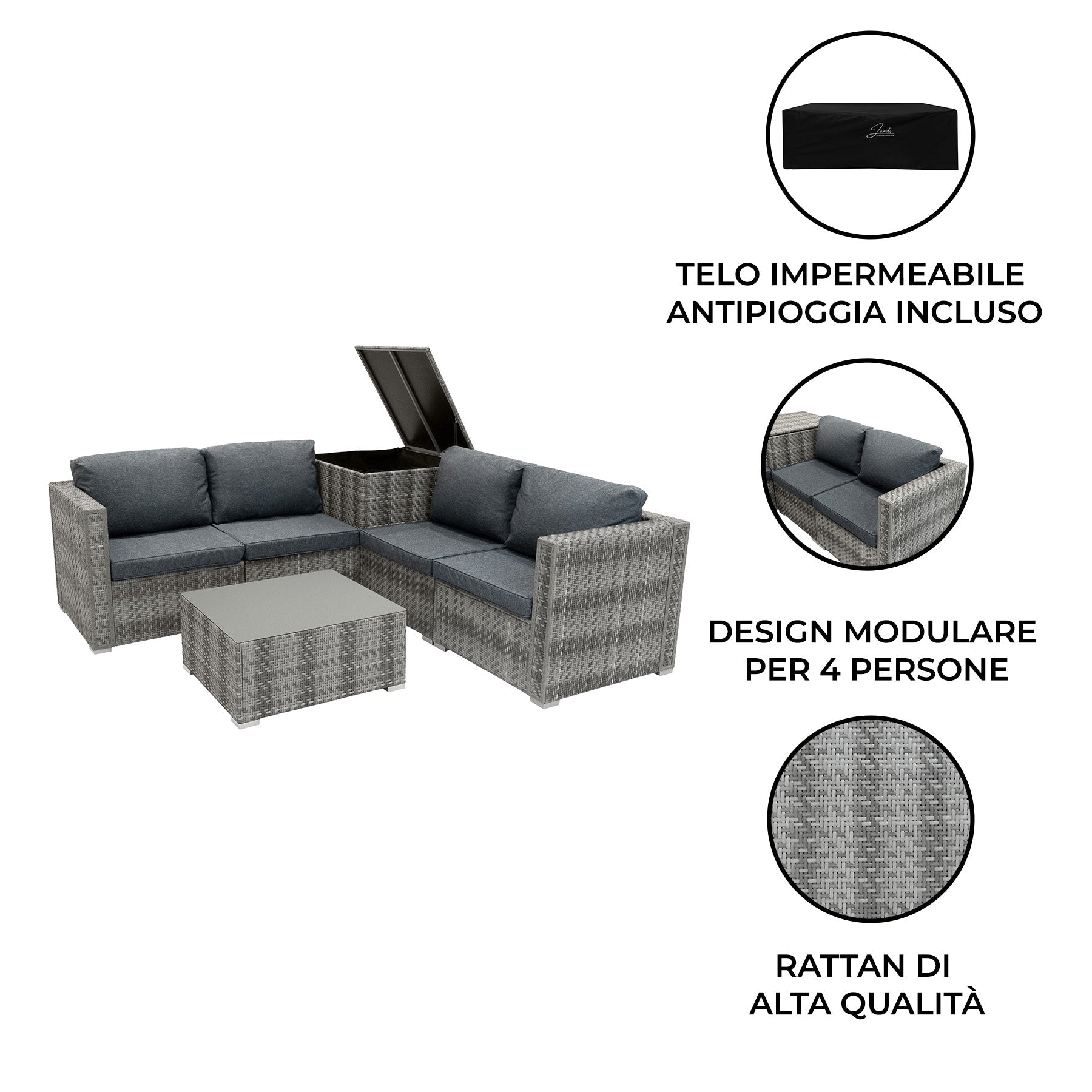Set Divani Rattan Grigio 6 Pezzi con Cuscini, Tavolino e Baule 250L
