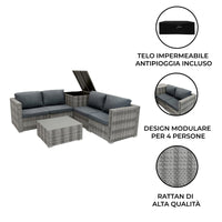 Set Divani Rattan Grigio 6 Pezzi con Cuscini, Tavolino e Baule 250L