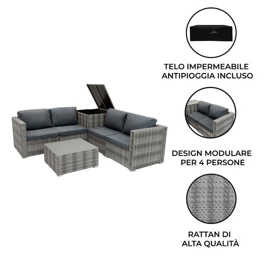 Set Divani Rattan Grigio 6 Pezzi con Cuscini, Tavolino e Baule 250L