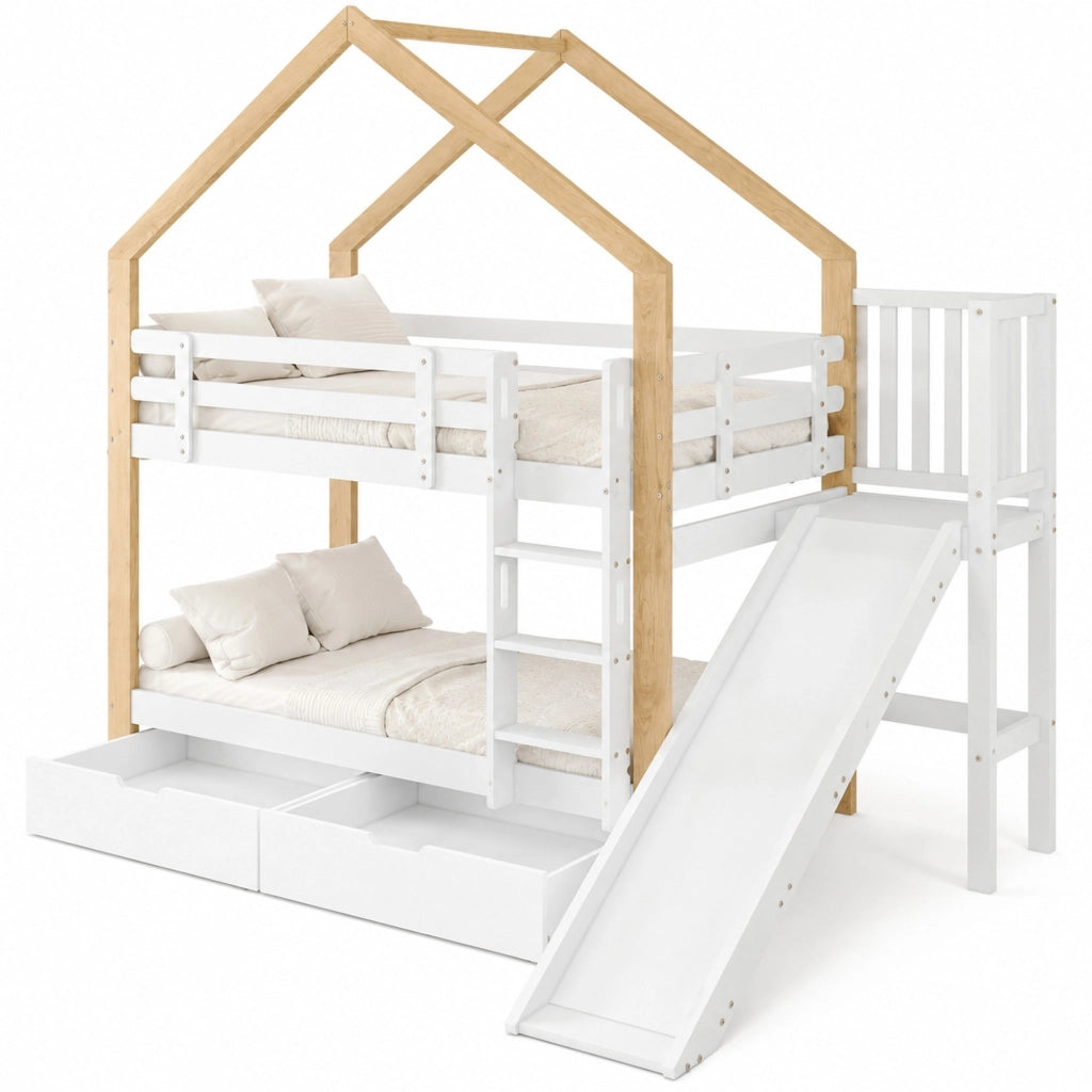 Letto a castello a casetta con scivolo e scaletta; 90x200 cm; bianco e naturale