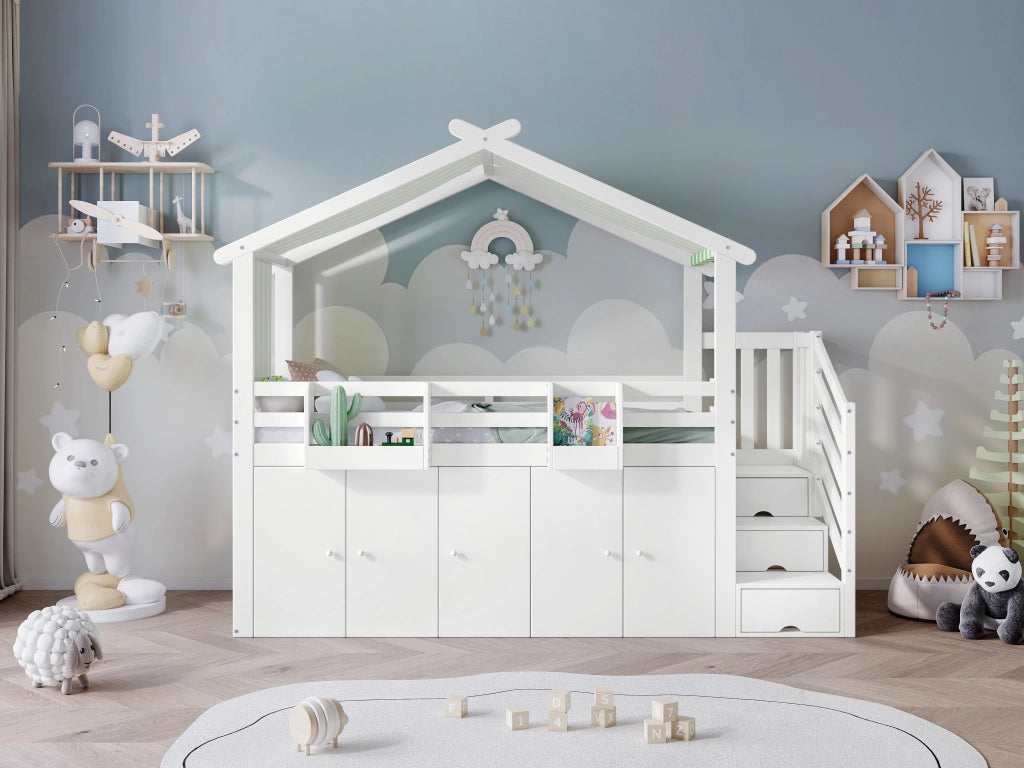 DESMIU Lit a castello bambino 90 × 200 cm con armadio, 2 vani e 3 cassetti, senza materasso, in legno, bianco e verde