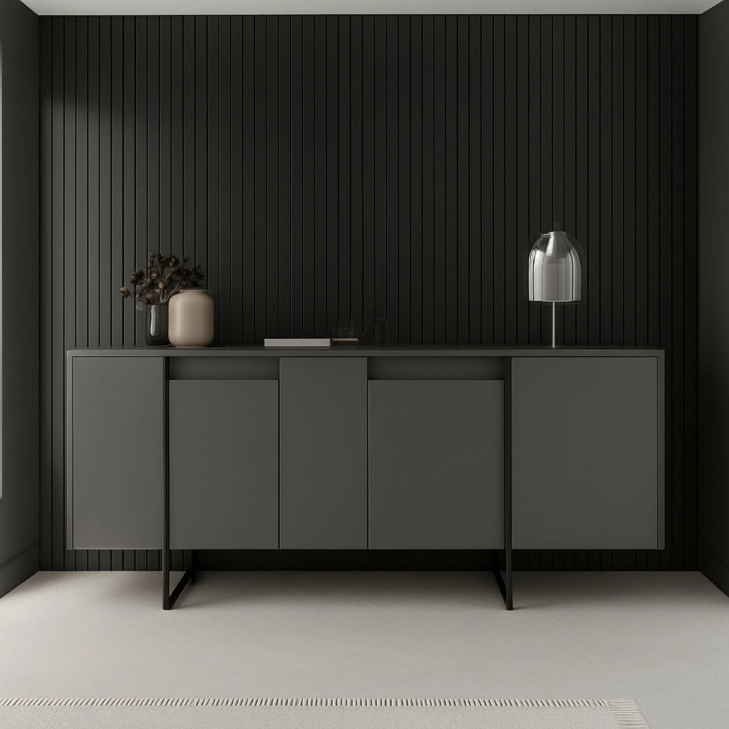 Credenza Arta, Buffet da soggiorno, Madia da salotto, Dispensa da cucina, 160x35h80 cm, Antracite e Nero