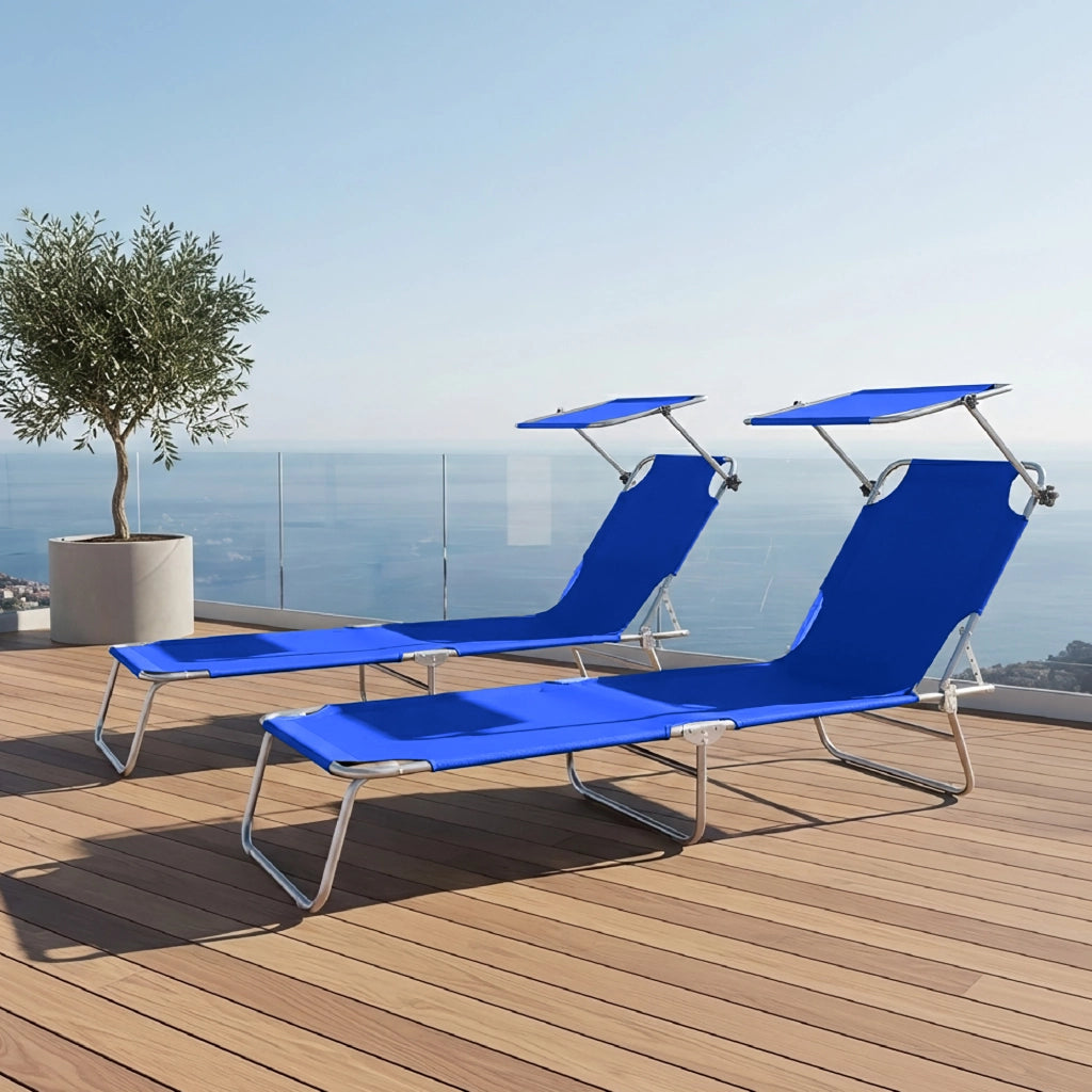 Coppia Lettini Prendisole Pieghevoli con Parasole Regolabile, Schienale Reclinabile in 4 Posizioni, Struttura in Acciaio Anti-Ruggine, Tessuto Impermeabile Anti-UV, Portata 110 kg Blu