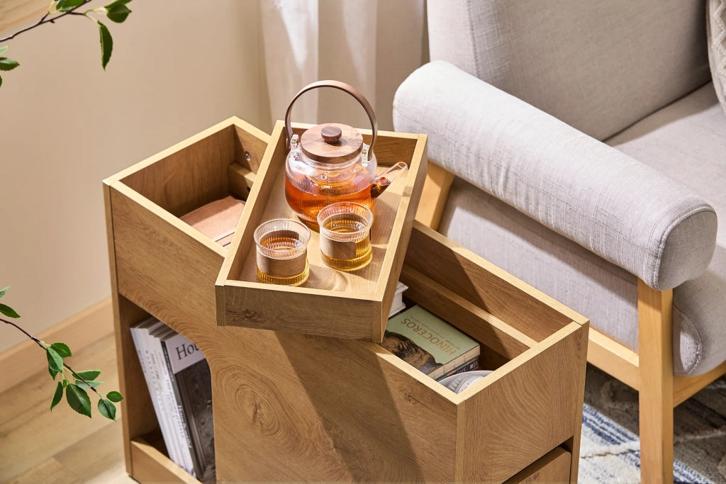 SoBuy Comodino con cassetto e vassoio Tavolino divano Tavolino stretto da soggiorno Naturale 25x70x55 cm cm FBT158-N