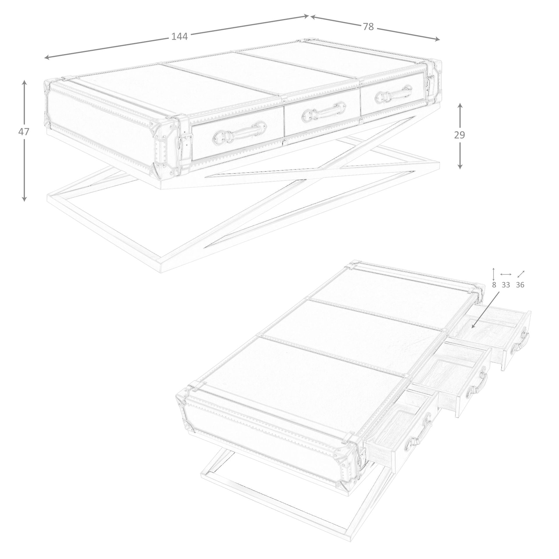 Tavolino rettangolare in pelle e acciaio dorato