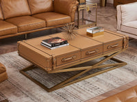 Tavolino rettangolare in pelle e acciaio dorato