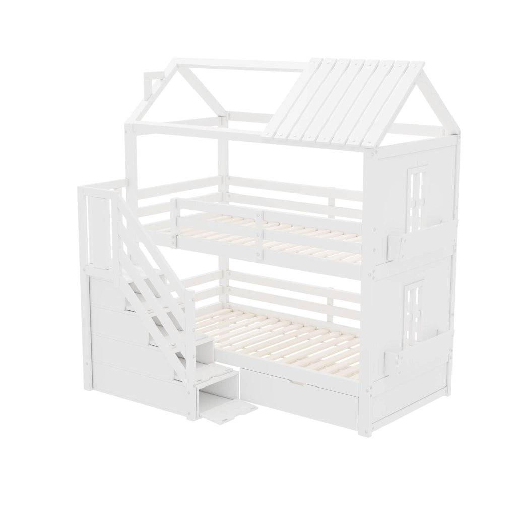 Letto a castello per bambini 90x200 cm con scala contenitore, cassetti e ripiani, senza materasso, bianco