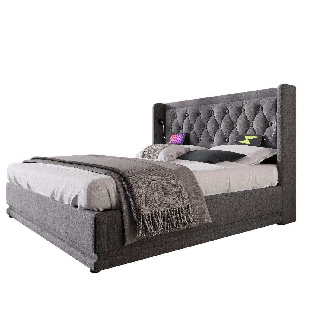 Letto matrimoniale contenitore 140x200 cm in cotone grigio, con testiera imbottita, USB Tipo-C e LED, senza materasso