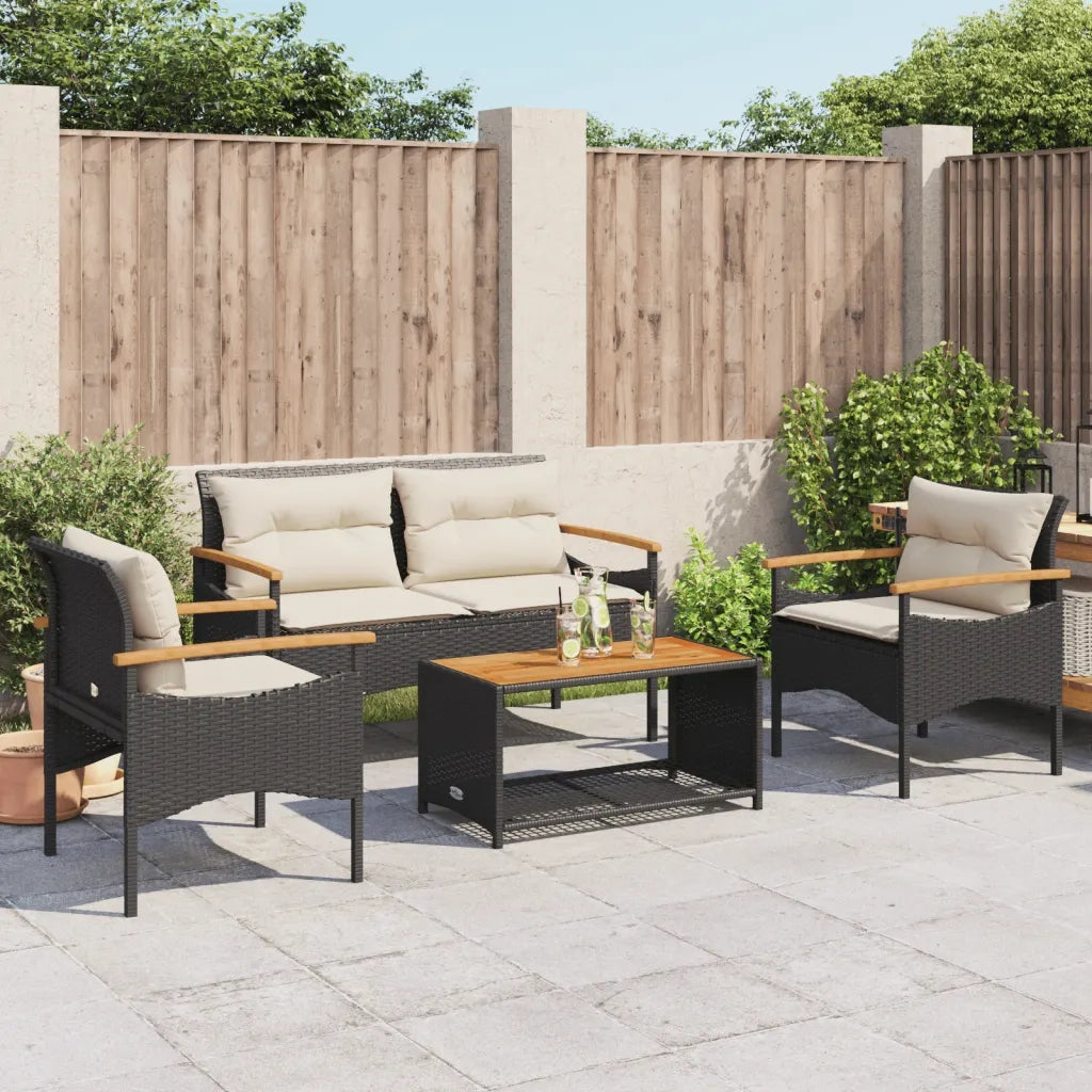 Set Divani da Giardino 4 pz | Set Salotto da Giardino con Cuscini Nero in Polyrattan