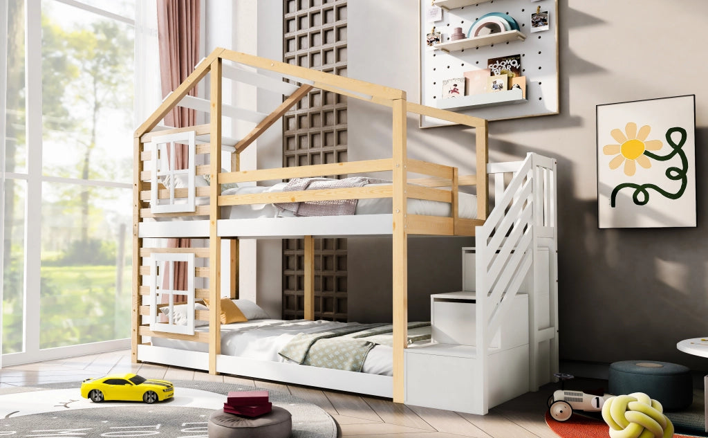 DESMIU Letto a castello casetta 90 × 200 cm 2 posti con scala contenitore, senza materasso, naturale e bianco