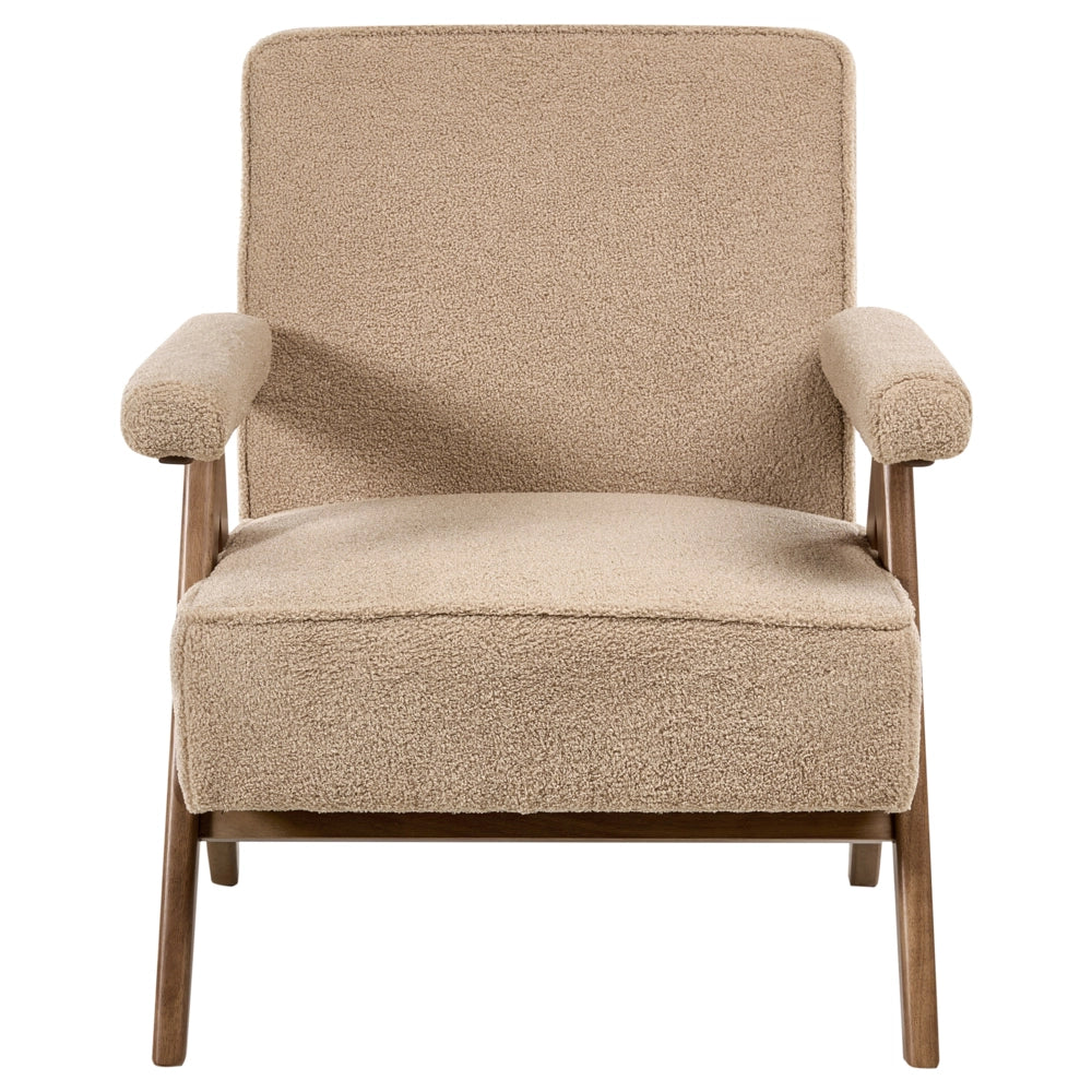 Poltrona con rivestimento in tessuto boucle beige Evje Design Retrò Struttura in legno Braccioli Soggiorno