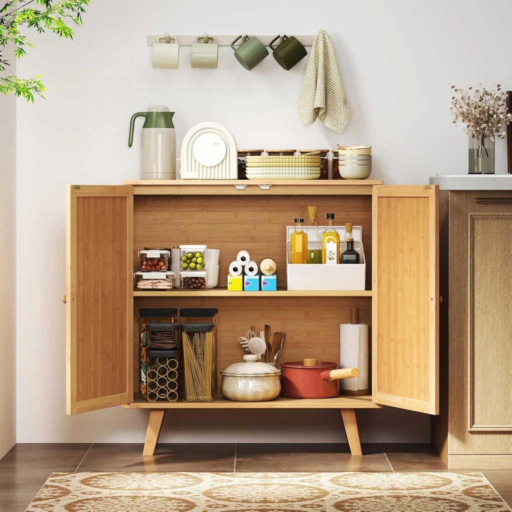 Credenza da cucina in bambù con 2 ante decorate in rattan, 80 x 34,5 x 85 cm, armadio a 2 livelli, stile boemo, mobile per sala da pranzo, soggiorno, camera da letto