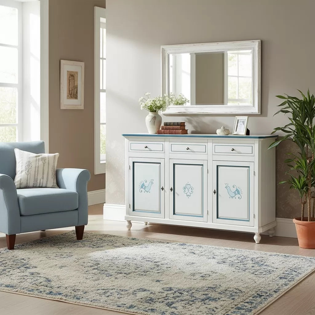 Madia credenza 3 porte legno bianco anticato pavoncella filo blu 150x43x98 - Mobili 2G