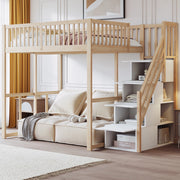 Letto a soppalco 140x200 cm in legno di pino naturale con scala contenitore e sponde di sicurezza