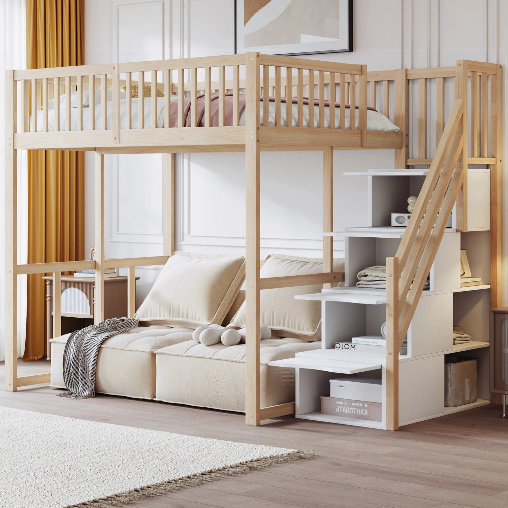Letto a soppalco 140x200 cm in legno di pino naturale con scala contenitore e sponde di sicurezza