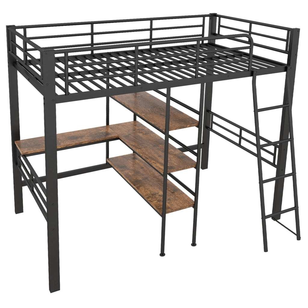 Letto a soppalco 90x200 cm nero – con scrivania e ripiani, senza materasso