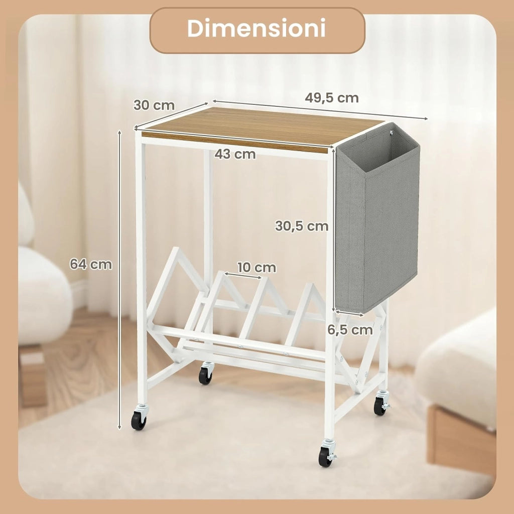 Supporto per Giradischi, Porta Dischi Vinili in Legno e Metallo, Mobile con Tasca Organizer e Ruote, Fino a 200 Album, per Soggiorno, Studio e Camera da Letto (Naturale + Bianco)
