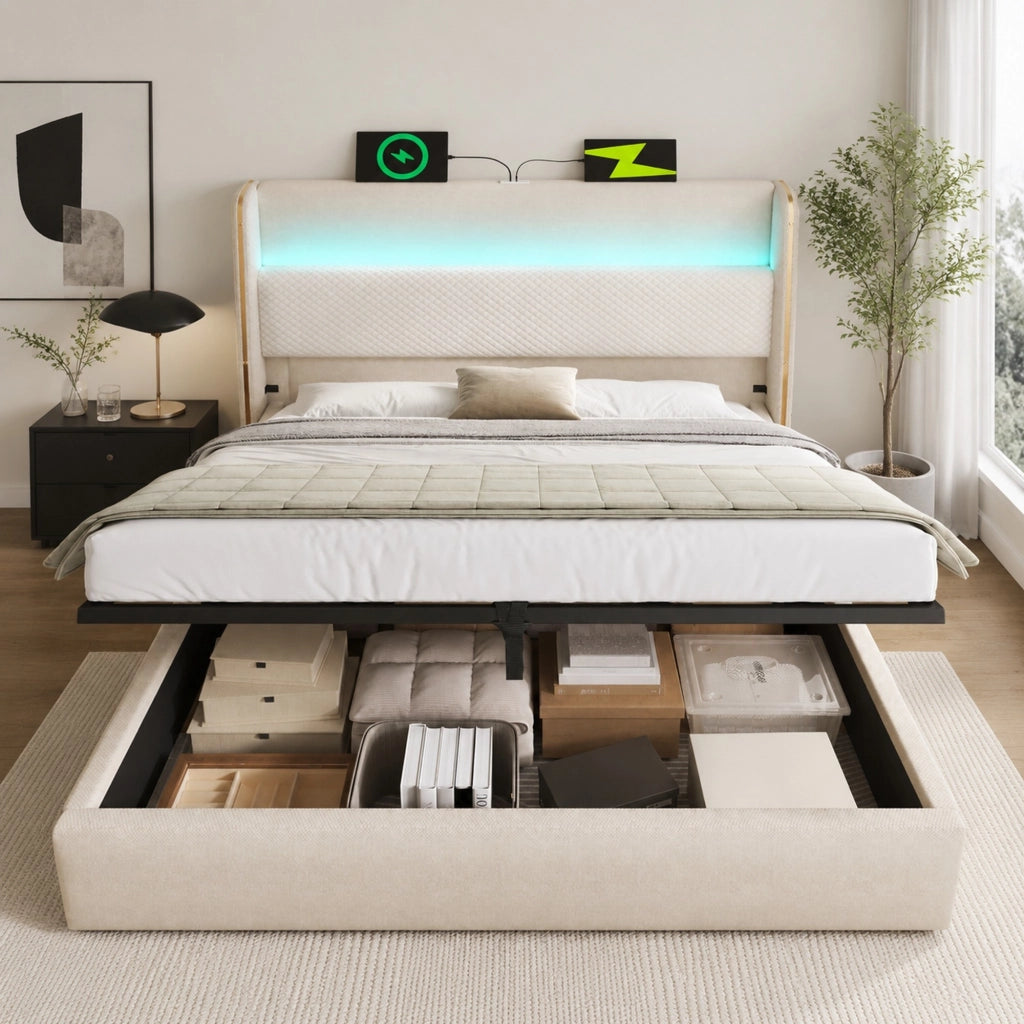 Letto matrimoniale idraulico 160x200 cm beige con LED e USB-C
